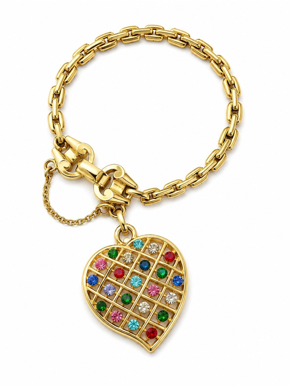 Vintage Barclay Gold Tone Heart Charm Bracelet Multi Color Rhinestones Signed 7”